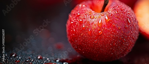  A red apple atop a wettable, surrounded by water droplets Another red apple against a black backdrop photo