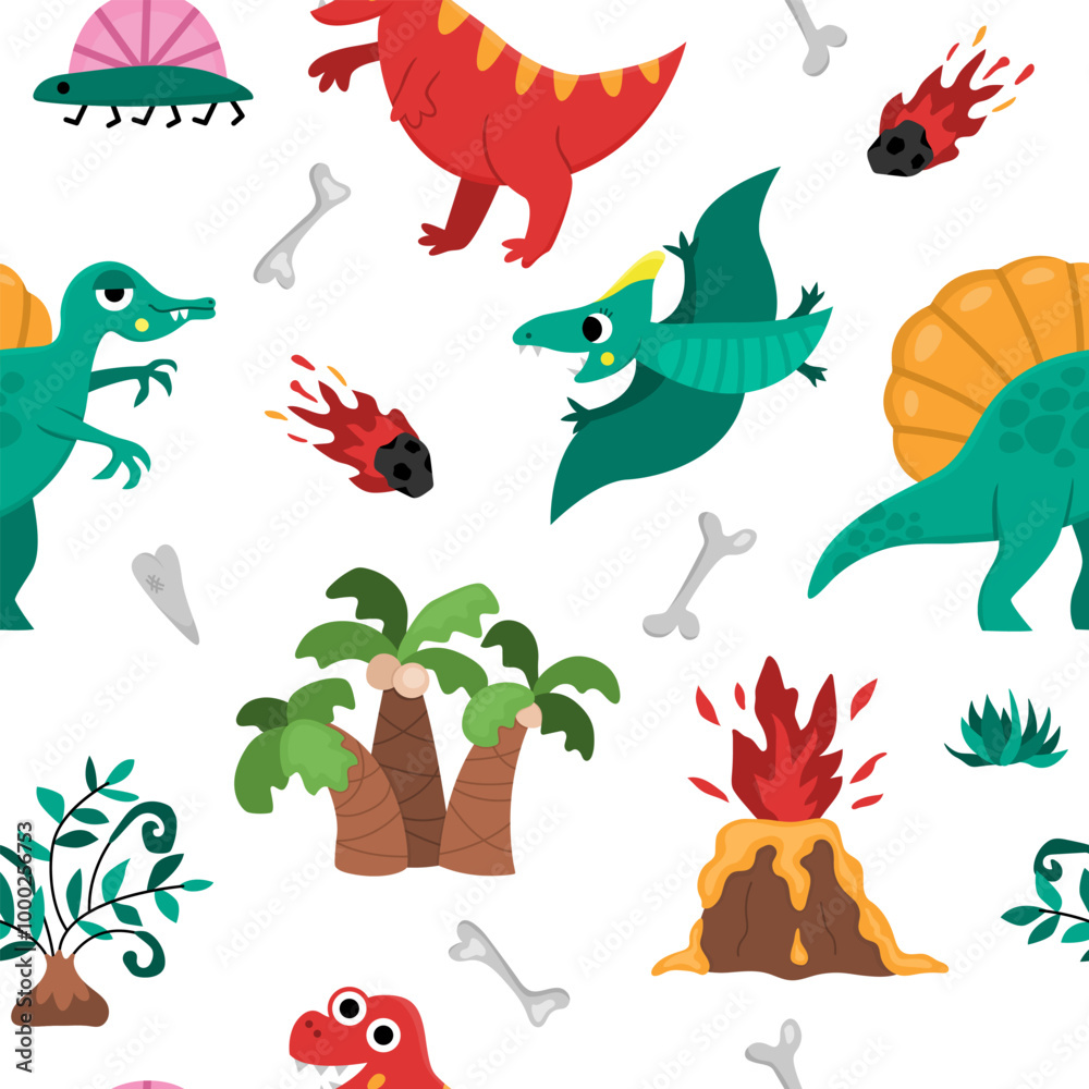Vector dinosaur seamless pattern. Cute prehistoric animal repeat background. Dino digital paper with Pterodactyl, Tyrannosaurus, T-Rex, volcano, bones, asteroid for kids Vector dinosaur seamless pattern. Cute prehistoric animal repeat background. Dino digital paper with Pterodactyl, Tyrannosaurus, T-Rex, volcano, bones, asteroid for kids