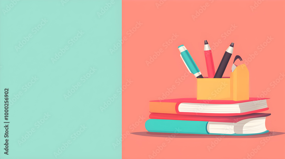 A stack of books with a pencil holder on top