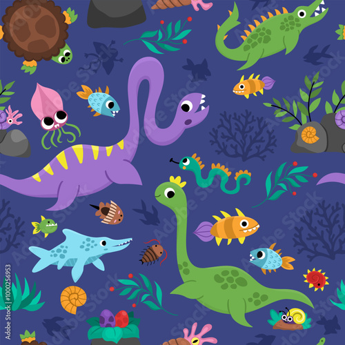 Vector marine dinosaur seamless pattern with plesiosaur. Cute prehistoric animal repeat background with elasmosaur, mosasaur, ichthyosaur. Ocean, sea or water dino digital paper for kids