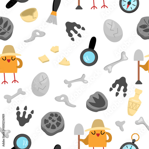 Vector paleontologist seamless pattern. Cute prehistoric animal scientist repeat background. Dino researcher digital paper with fossils, bone, tool, brush. Archaeologists symbols texture for kids