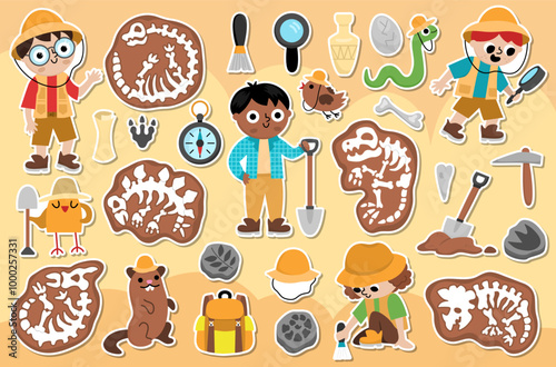 Vector paleontologist sticker pack. Cute prehistoric animal scientist patches collection. Dino researcher illustrations with fossils, bones, tools, brushes, spade. Archaeologists elements set for kids