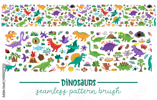 Vector dinosaur horizontal seamless border brush with Pterodactyl, Stegosaurus, Tyrannosaurus, Triceratops, T-Rex. Prehistoric animal repeat background for frame design, banner, invitation