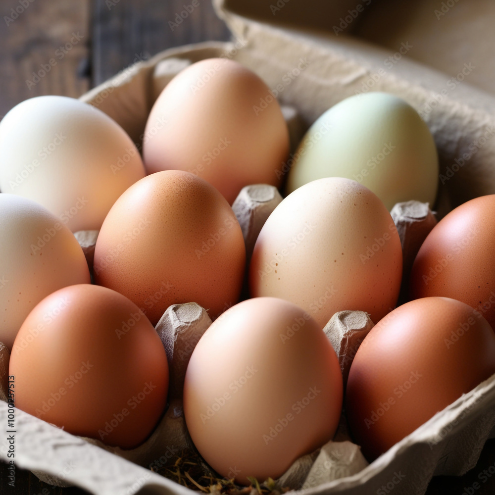 Photograph of a dozen fresh, organic eggs, carefully arranged in a rustic, wooden-slatted carton Photograph of a dozen fresh, organic eggs, carefully arranged in a rustic, wooden-slatted carton