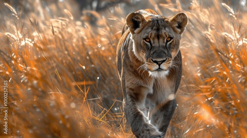 A lion is walking through tall grass