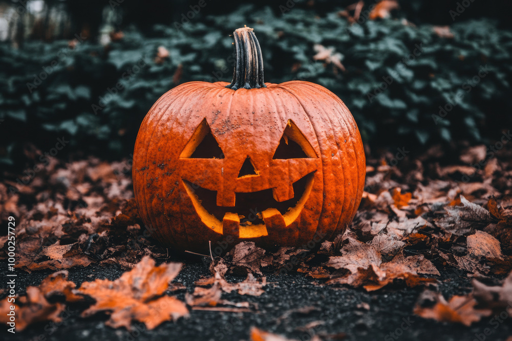 ack-o-lantern pumpkin surrounded by autumn leaves on a dark outdoor path ack-o-lantern pumpkin surrounded by autumn leaves on a dark outdoor path