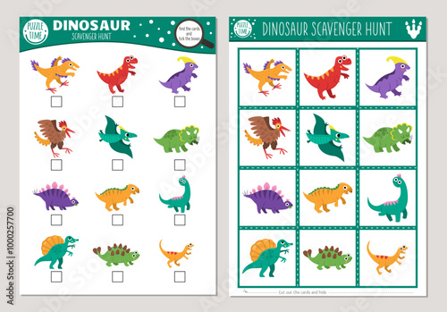 Vector dinosaur scavenger hunt cards set. Seek and find game with cute Pterodactyl, Stegosaurus, Triceratops, T-Rex for kids. Prehistoric searching activity. Educational printable worksheet
