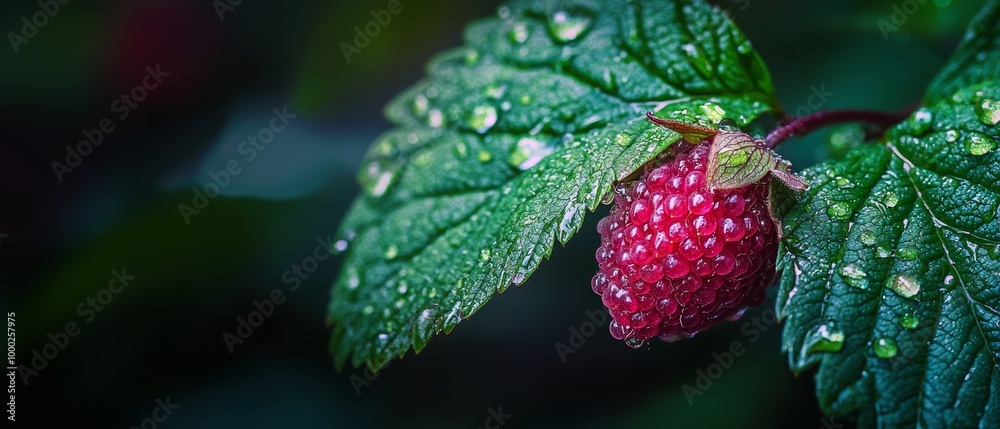 A tight shot of a strawberry-laden branch, with water beads on leaf edges, and dewdrops adorning the foliage A tight shot of a strawberry-laden branch, with water beads on leaf edges, and dewdrops adorning the foliage