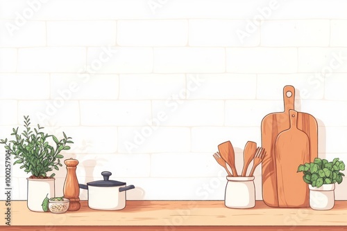 Kitchen Countertop with Cooking Utensils and Herbs in Pots photo