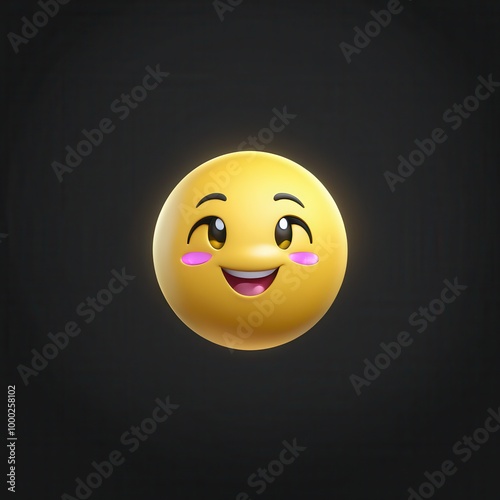 A cheerful yellow emoji with a smiling face and rosy cheeks, set against a dark background. photo