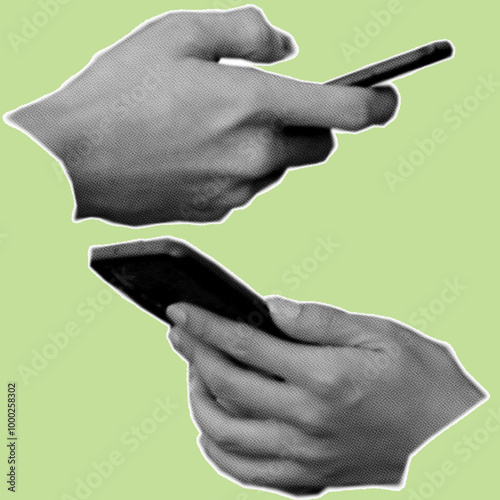 close up of gesture hand holding smartphone pixelate grayscale color halftone dotted texture style collage element isolated on green background