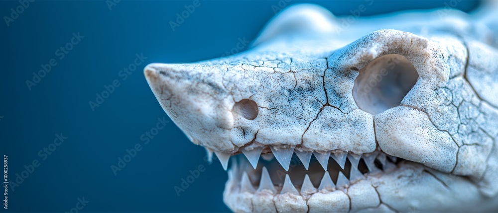 Close-up of shark teeth against a blue backdrop Blurred shark mouth in foreground Close-up of shark teeth against a blue backdrop Blurred shark mouth in foreground