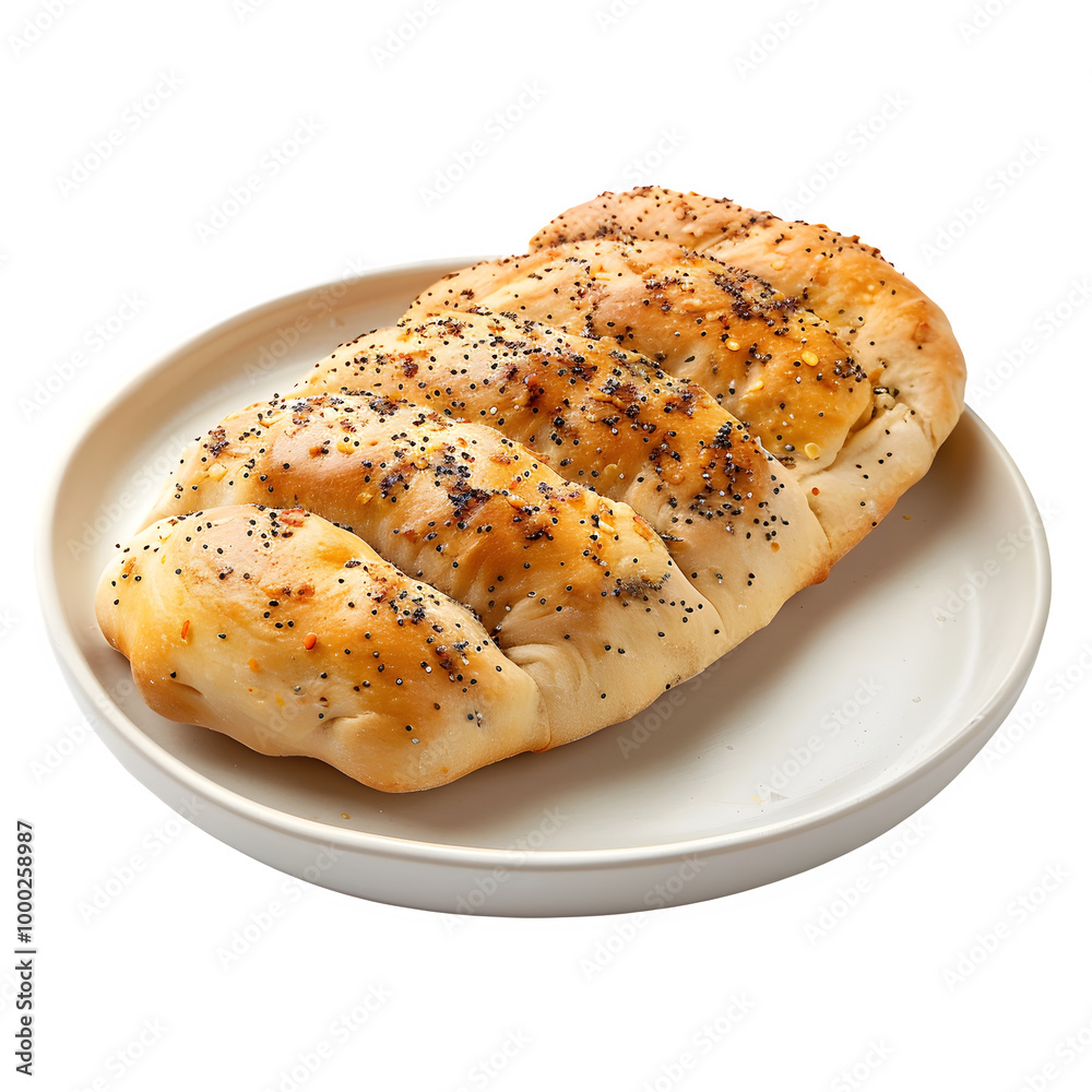 Delicious, freshly baked loaf of bread topped with poppy seeds, served on a white plate, ready to be enjoyed