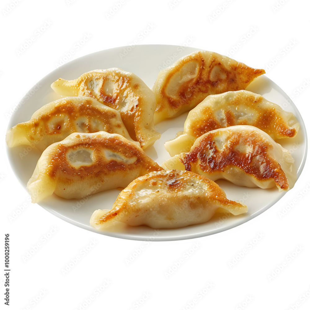 Plate of perfectly pan-fried dumplings with crispy golden brown edges, showcasing a delectable and appetizing appearance, ready to be enjoyed Plate of perfectly pan-fried dumplings with crispy golden brown edges, showcasing a delectable and appetizing appearance, ready to be enjoyed