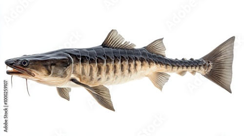 Atlantic sturgeon with bony plates on its body, isolated on white background, ancient species, migratory fish, a sight to behold.