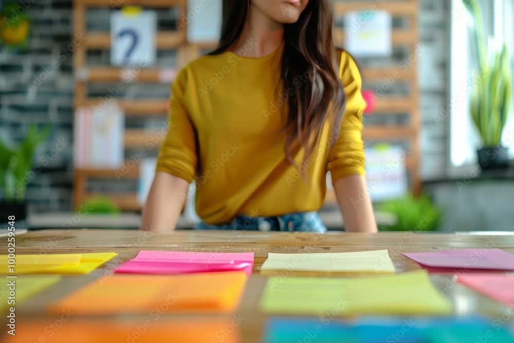 Creative South Asian woman in casual wear presents to team, discussing with colorful note paper on wood table, planning to success concept. , background blur Creative South Asian woman in casual wear presents to team, discussing with colorful note paper on wood table, planning to success concept. , background blur