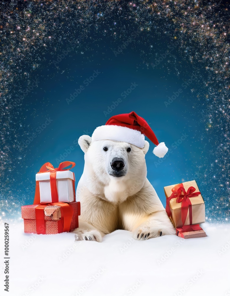 Polar bear in Santa hat with gifts Polar bear in Santa hat with gifts