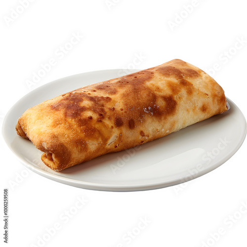 Close-up of a perfectly cooked, golden-brown burrito on a white plate, isolated on a transparent background, ideal for food-related designs and advertisements