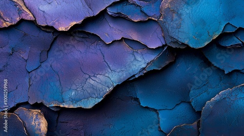  A tight shot of blue and purple paint, adhered to weathered metal, revealing a crevice-like fracture