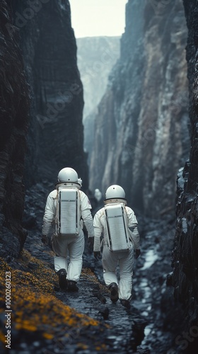 Exploration: two astronauts walking through rugged terrain photo