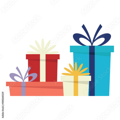 Set of colorful gift boxes with ribbons and bows. Hand drawn vector composition on white background. A pile of presents