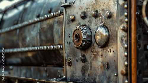 An ultra-close-up, high-definition shot of a train’s engine, with intricate details of the metal and rivets captured in vivid detail