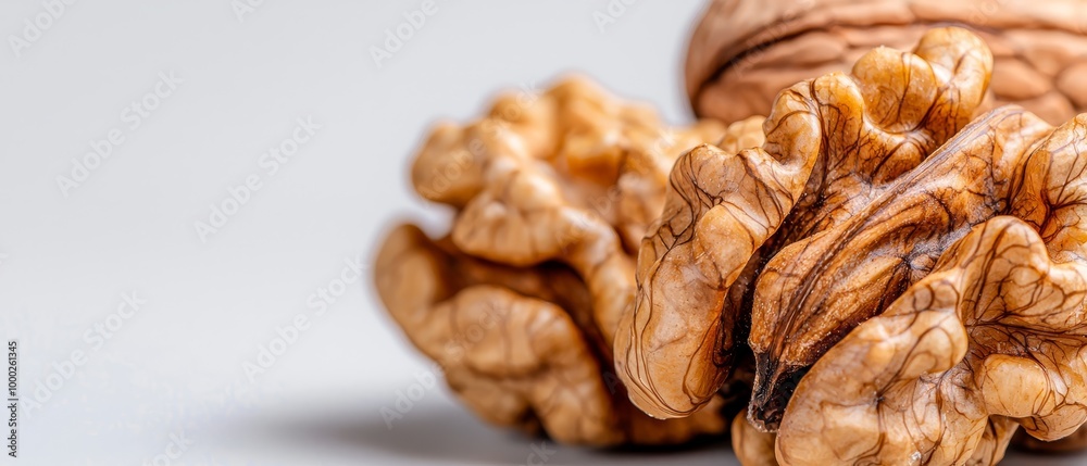 A collection of walnuts arranged next to one another on a pristine white backdrop against a light gray background A collection of walnuts arranged next to one another on a pristine white backdrop against a light gray background