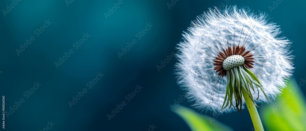A dandelion flower with a green stem, closely framed Background softly blurred, blue hued A dandelion flower with a green stem, closely framed Background softly blurred, blue hued