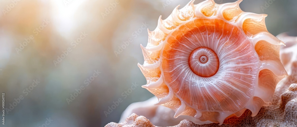  A tight shot of an orange and white seashell against a softly blurred backdrop of trees and water