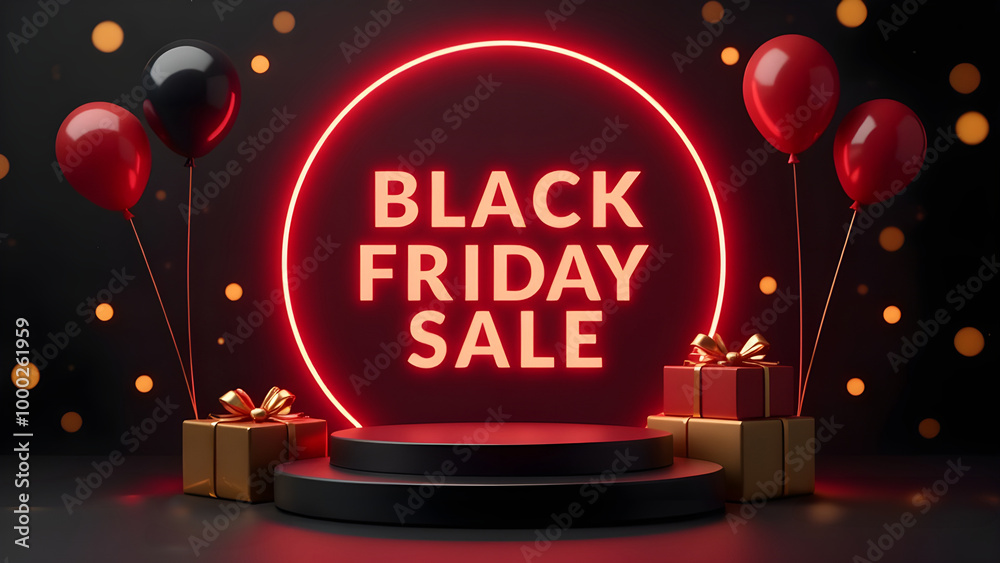 Black Friday sale with black podium and realistic gift box element and balloons and red circle frame and neon light effect and bokeh and gold ribbons on black background