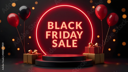 Obraz na płótnie Black Friday sale with black podium and realistic gift box element and balloons and red circle frame and neon light effect and bokeh and gold ribbons on black background w salonie