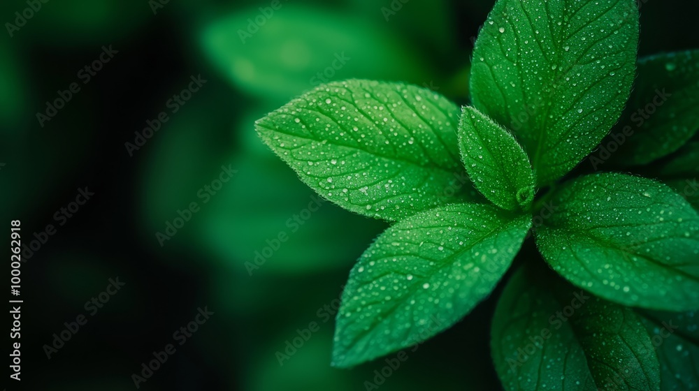 A tight shot of a green leaf, dotted with water drops, is featured in the foreground A tight shot of a green leaf, dotted with water drops, is featured in the foreground