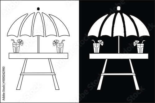 Set line Picnic table with benches and umberalla  on either side of the table icon isolated on black and white background. Vector Illustration