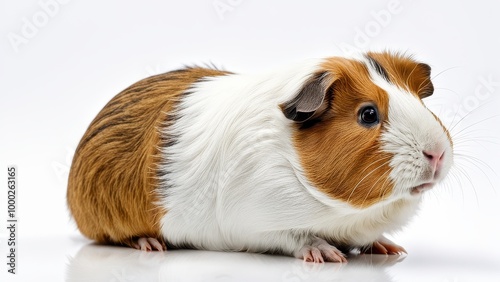 A close-up of a brown and white guinea pig, showcasing its fur and curious expression.