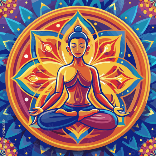 Colorful mandala artwork featuring a meditating Buddha surrounded by floral elements