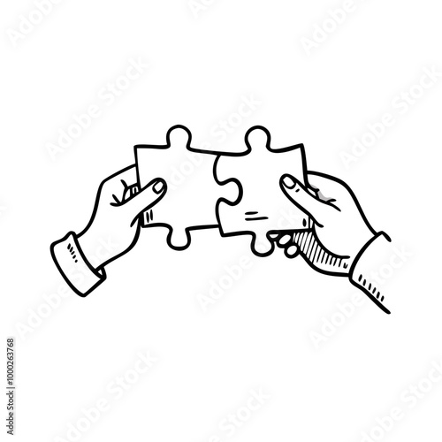 Sketch of hands connecting puzzle pieces representing collaboration and teamwork