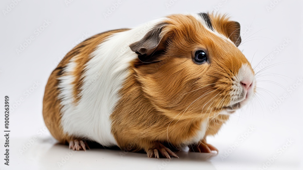 A close-up of a brown and white guinea pig sitting against a white background. A close-up of a brown and white guinea pig sitting against a white background.