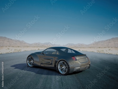 Sleek sports car on open road against desert mountains under a clear blue sky.