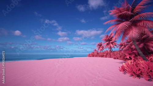 Could you create a high resolution 4k 16:9 image of a landscape of a paradise planet with a beach with pink sand?