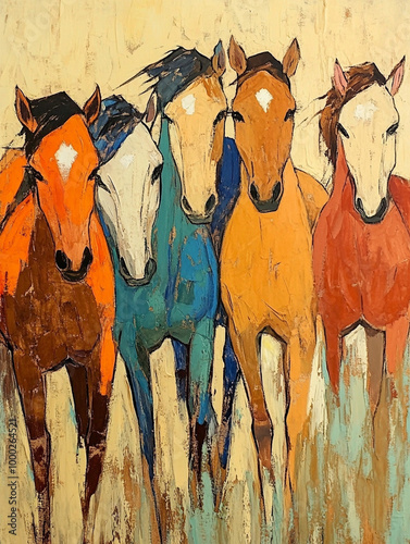 Hand painted herd of horses in natural colors, showcasing vibrant orange, blue, and earthy tones. This artwork captures beauty and spirit of these majestic animals photo