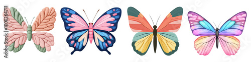 Colorful butterflies, white isolate background