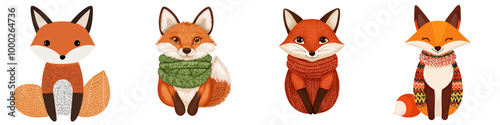 Colorful cartoon fox characters, white isolate background