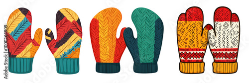 Colorful knitted mittens, white isolate background.