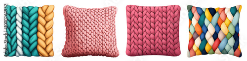 Colorful knitted pillows on a white isolated background.