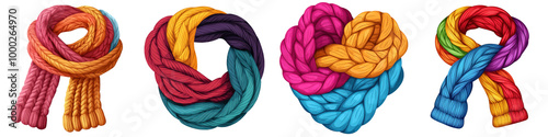 Colorful knitted scarves on a white isolated background.