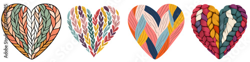 Colorful patterned hearts on a white isolated background.