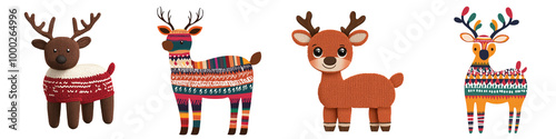 Colorful reindeer characters, white isolated background
