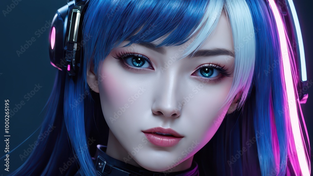 A close-up of a character with blue hair and headphones, showcasing a futuristic aesthetic. A close-up of a character with blue hair and headphones, showcasing a futuristic aesthetic.