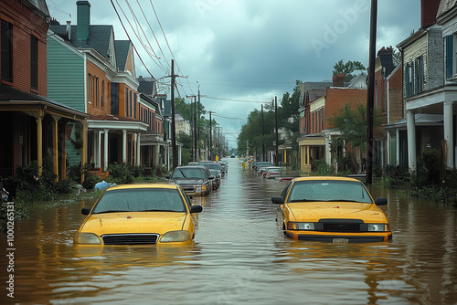 Widespread flooding  shows submerged cars and damaged buildings illustrating the disaster's impact on city life photo