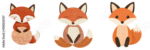Cute fox illustrations on a white isolated background.